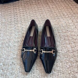 Like New Black Patent Loafers with Gold Bit Accent